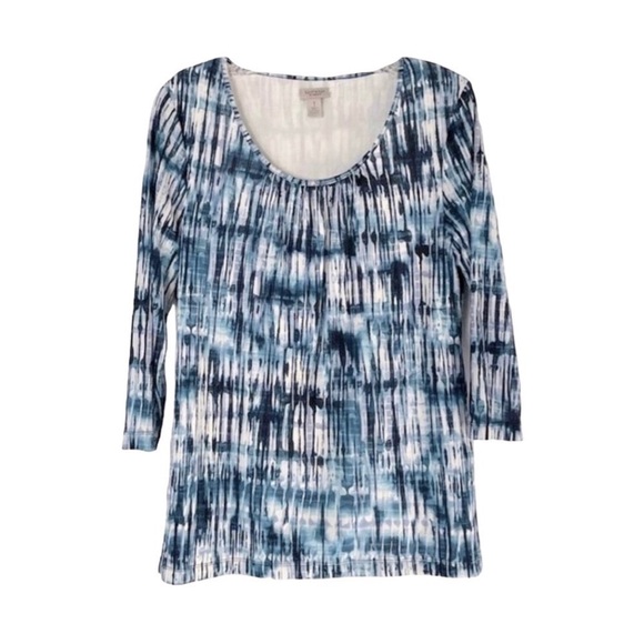 🌺 Chico's Watercolor Blue 3/4 Sleeve Stretchy Scoop Neck Knit Top Size 1 M - Picture 1 of 10
